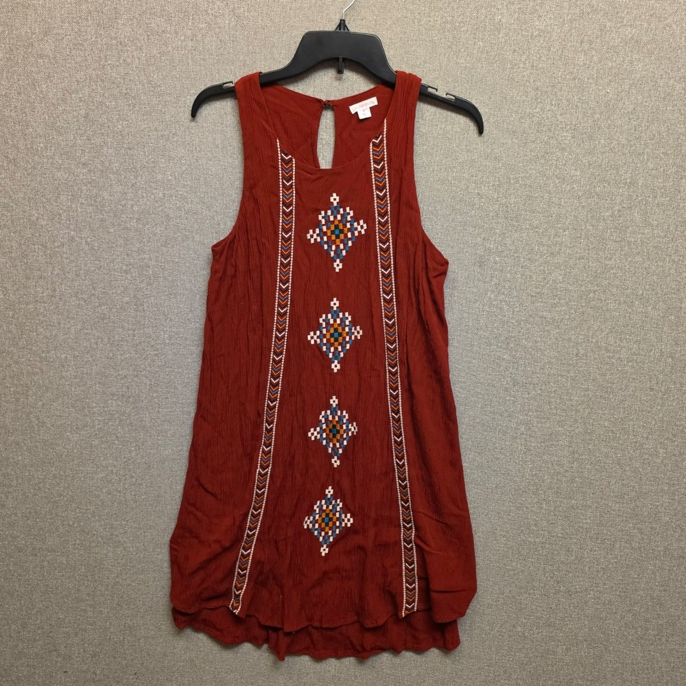 Womens M Rust Orange Embroidered Gauze Shift Dress Boho Cottagecore